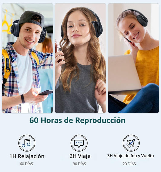 Auriculares Bluetooth sobre la oreja, 60 horas de reproducción