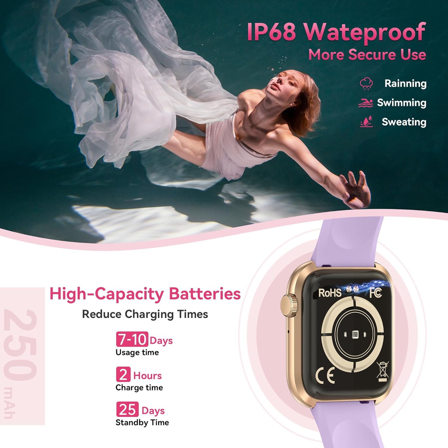 (P-003) QVEQ - Reloj inteligente para hombres y mujeres (respuesta/hacer llamada) (Rosa)