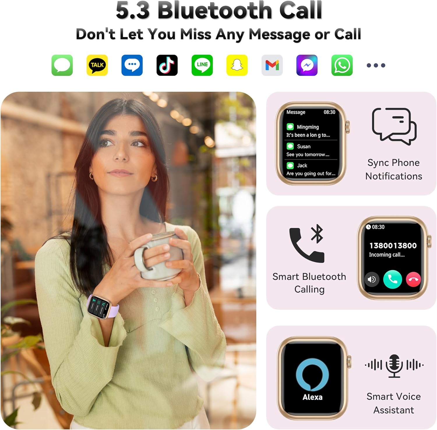 (P-003) QVEQ - Reloj inteligente para hombres y mujeres (respuesta/hacer llamada) (Rosa)