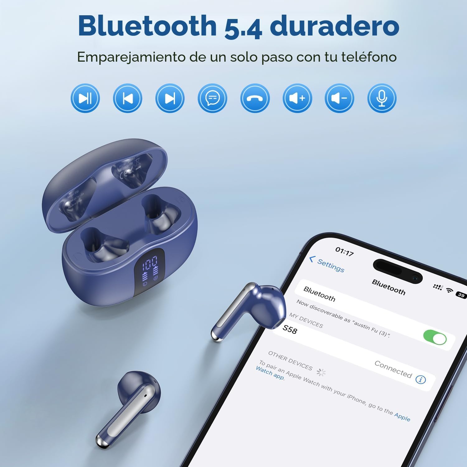 Auriculares inalámbricos, auriculares Bluetooth 5.4 estéreo de alta fidelidad (Azul)