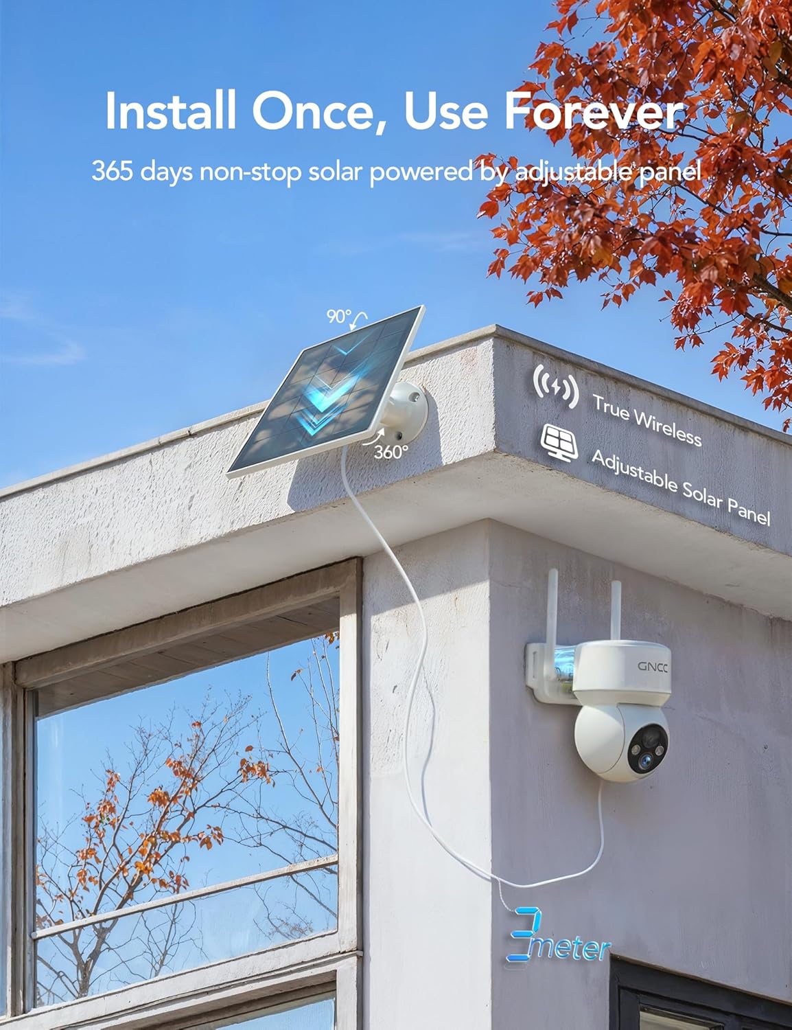 GNCC Cámaras de seguridad solares inalámbricas para exteriores 2.4G WiFi, vista de 360°